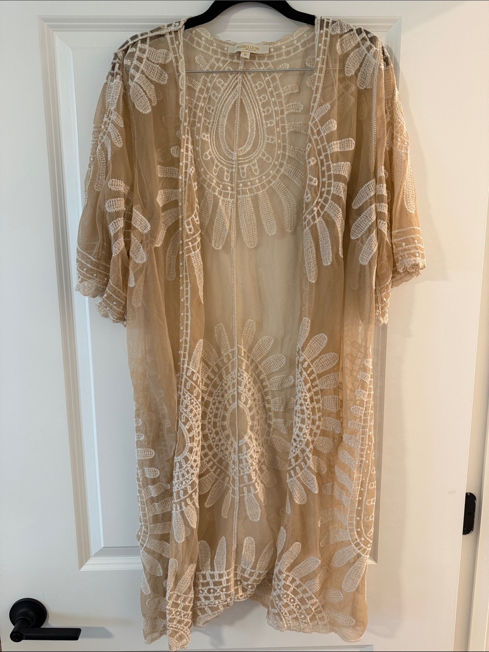 Rebellion Beige Sheer Embroidered Kimono with White Detailing